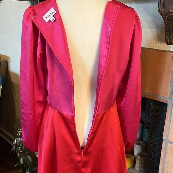 Milly Red and Pink Stella Bicolor Satin Color-block Tie Dress, size 6 - Picture 8 of 13